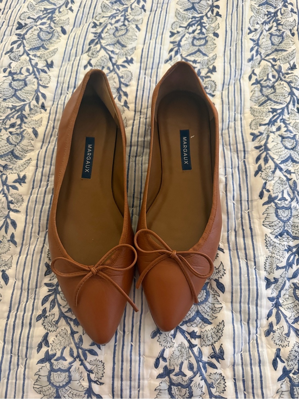 Margaux Cognac Leather Pointed-Toe Ballet Flats with Bow